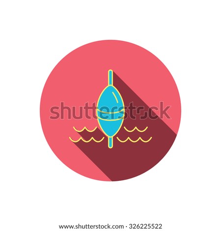 Fishing float icon. Fisherman bobber sign. Red flat circle button. Linear icon with shadow. Vector