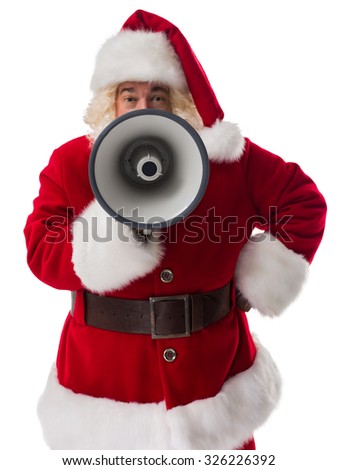 Santa Claus talking using megaphone. Portrait Isolated on White Background