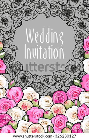 Vintage wedding invitation decorated with colorful roses