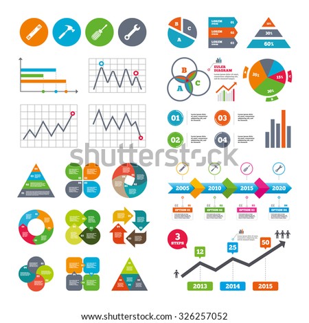 Business data pie charts graphs. Screwdriver and wrench key tool icons. Bubble level and hammer sign symbols. Market report presentation. Vector