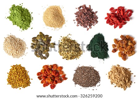 Various superfoods isolated on white background Royalty-Free Stock Photo #326259200