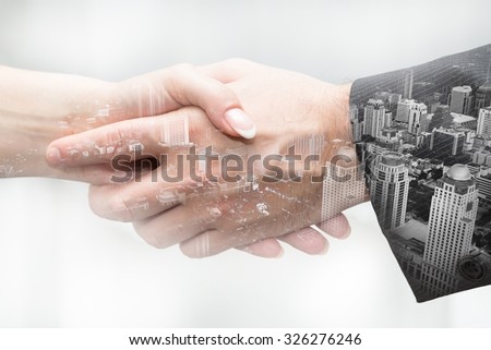 Handshake in business,  double exposure