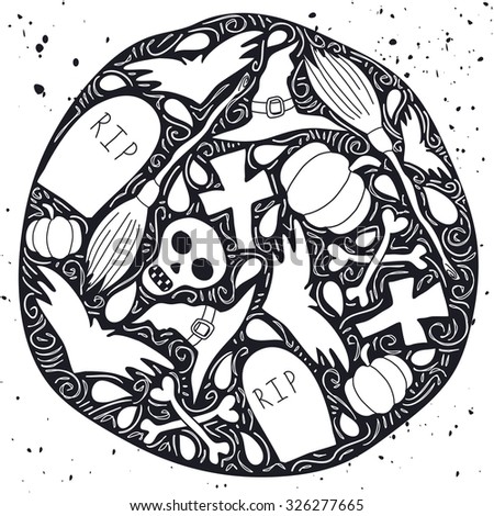 Halloween poster with white silhouettes of traditional elements on a black decorative circle background. Hand drawn ornate illustration on a messy grungy white backdrop