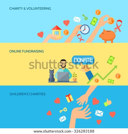 Giving hands charities online fund raising for children 3 horizontal flat banners homepage abstract isolated vector illustration