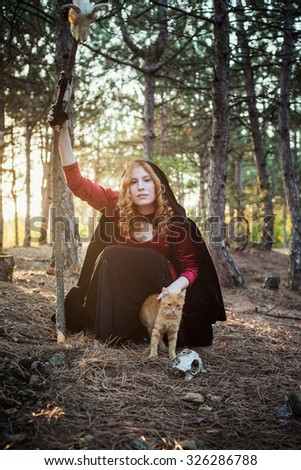 Witch in the wood with red cat. Practicing magic. Halloween concept