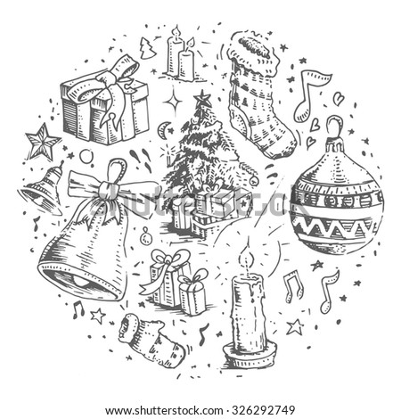 Hand drawn cute illustration for new year and Christmas with Xmas tree, toys gifts and bell. Vector isolated. Concept for poster, card.