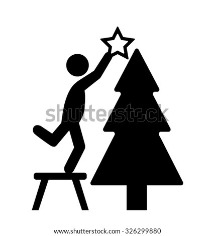 Man with Christmas Tree Decoration Flat Black Pictogram Icon Isolated on White Background
