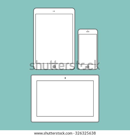 Different modern personal gadgets on green background. Flat design. Illustration Similar To iPhone iPad.