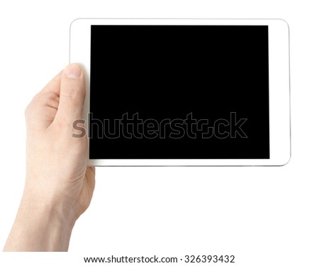 Digital tablet in one hand, on a white background, isolated