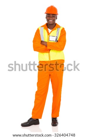 handsome african american construction worker isolated on white background