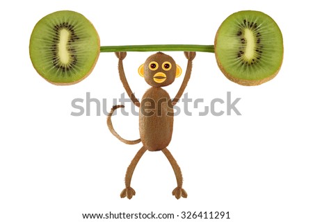 Healthy eating. Funny little  monkey made from kiwi raise the bar of kiwi