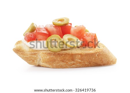 crostini with tomato, mozzarell and olives isolated on white