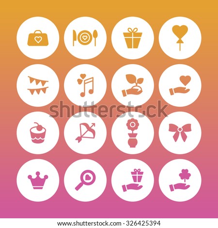 A set of vector icons for love, wedding, party. bag, cook, gift, balloon, flag, note, hand, cake, bow, flower, ribbon, crown, magnifier.