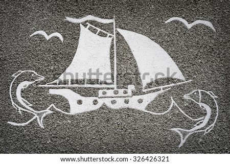 Bas-relief of ship with dolphins on the wall.