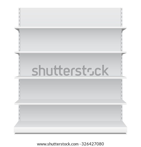 White Long Blank Empty Showcase Displays With Retail Shelves Front View 3D Products On White Background Isolated. Ready For Your Design. Product Packing. Vector EPS10 Royalty-Free Stock Photo #326427080
