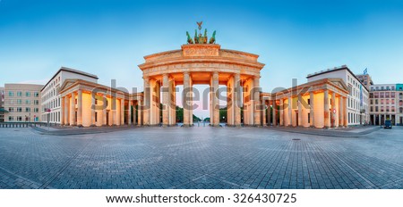Brandenburger Tor (Brandenburg Gate) panorama, famous landmark in Berlin Germany at night Royalty-Free Stock Photo #326430725