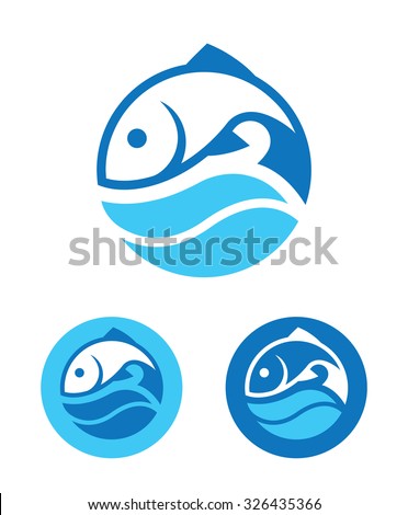 Blue round icon with fish and wave in three color variants isolated on white background