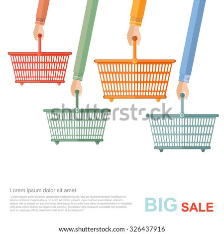 big sale flat illustration. hands hold of perforated shopping baskets isolated on white