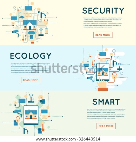 Smart home Control of the house with the tablet. Flat design vector illustration. 3 banners.