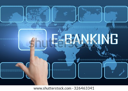 E-Banking concept with interface and world map on blue background