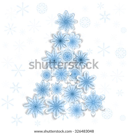 Christmas tree. New year design. Different snowflakes with shades. Hand drawn. Vector illustration.