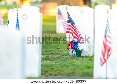 National Cemetery with a flag on Memorial day in Washington,Usa.