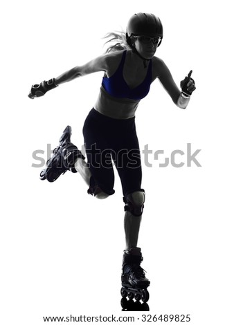 one  woman in roller skates silhouette studio isolated on white background