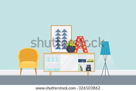 Illustration of modern living room with sideboard, chair. Lounge concept interior with classic furniture . Flat design, minimalist style. Vector illustrator - 10 EPS - for your project