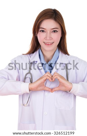 Female doctor doing a heart with her hands isolated on white backgorund