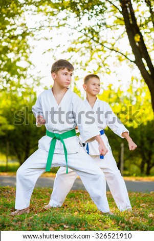 boys in white kimono during training karate exercises at summer outdoors