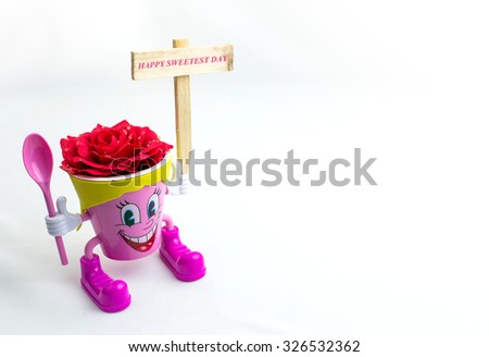 Smile cup cartoon with red rose and sign