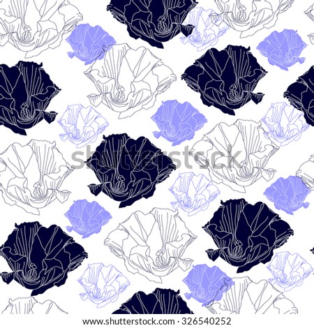 Seamless pattern with blue flowers on a white background. Hand drawn artwork for textiles, fabrics, souvenirs, packaging and greeting cards.