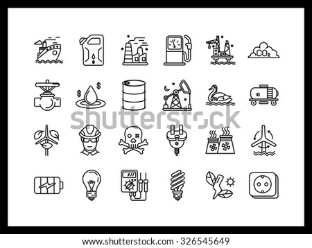 Set of simple vector icons in modern linear style. Heavy industry,Â environmental pollution, power, alternative energy sources.