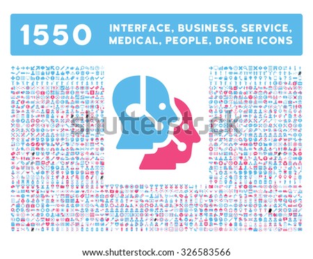 Web interface, business tools, hardware devices, people poses, medical service and awards vector icons. Style is bicolor flat symbols, pink and blue colors, rounded angles, white background.