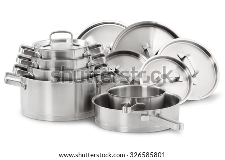 Stainless steel pots and pans isolated on white background Royalty-Free Stock Photo #326585801
