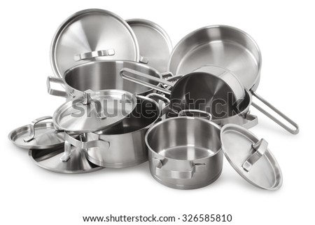 Stainless steel pots and pans isolated on white background Royalty-Free Stock Photo #326585810