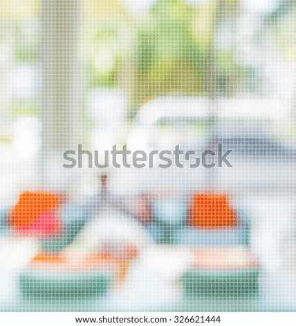 Pattern dot Pixelation image of Empty wood table and Coffee shop blur background with bokeh