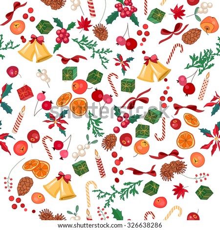 Seamless Christmas pattern with fruits, bells and gift boxes on white. Endless festive texture for design, announcements, postcards, posters.