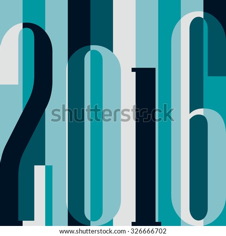 Happy New Year 2016 concept. Vintage ornamental geometric inscription. calendar, invitation, post cards, congratulation, business. vector eps10. Color rainbow: blue, grey, teal. Striped backdrop 80s