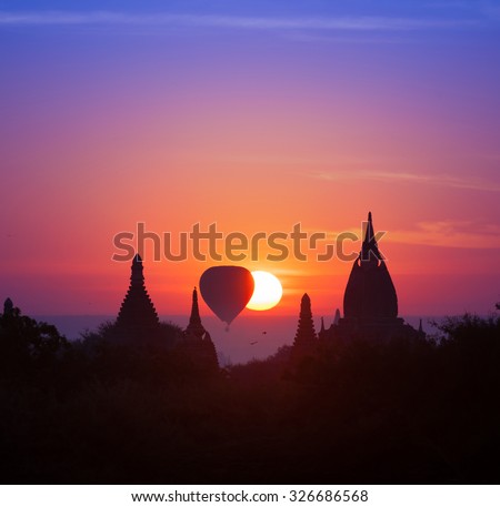 Twilight magical sunset in Bagan Myanmar (Burma). Beautiful photography of famous travel destination