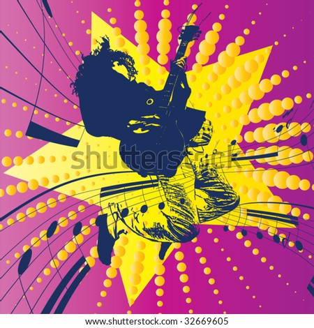 Guitar master jumping and playing rock. Vintage vector background