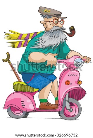 cheerful eldery person is riding on a scooter - cartoon 