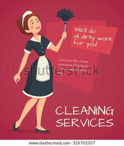  Cleaning service advertisement with cleaning woman in classic maid dress cartoon vector illustration  Royalty-Free Stock Photo #326701037