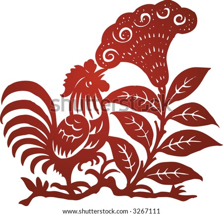 CHICKEN AND Floral element design in Chinese traditional Paper Cut style (Vector)