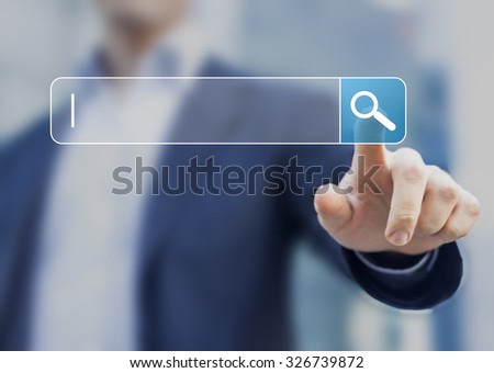 Search button on virtual screen pressed with finger Royalty-Free Stock Photo #326739872