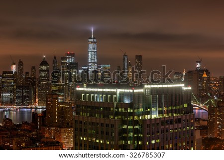 Aerial New York City Skyline view from Brooklyn.
