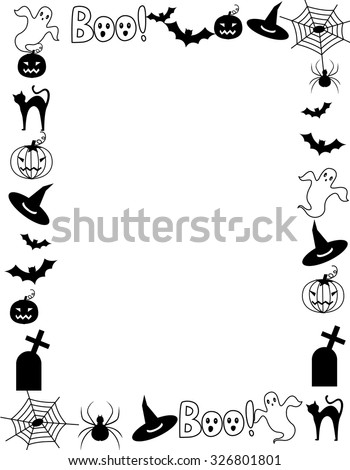 Black and white hallowen frame with various halloween themed cliparts / silhouettes 