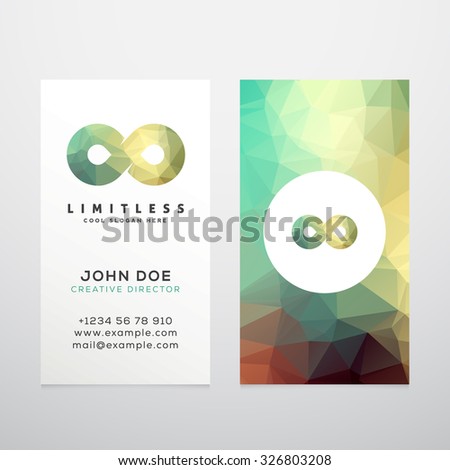Abstract Vector Limitless Infinity Symbol, Icon or a Logo with Business Card Template Mock-up. Stylish Low Poly Background and Realistic Soft Shadows. Isolated.