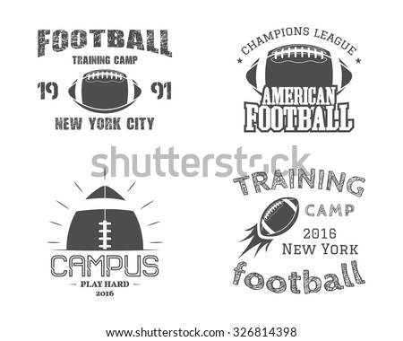 Set of american football team campus badges, logos, labels, insignias in retro monochrome style. Graphic vintage design for t-shirt, web. Colorful print isolated on a dark background. Vector.