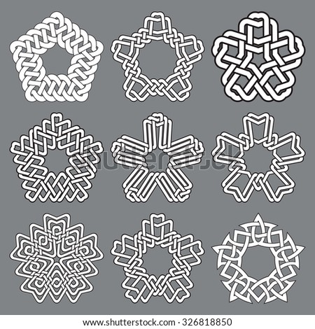 Set of pentagonal frames. Nine decorative elements for logo design with stripes braiding borders. White lines with black strokes on gray background.